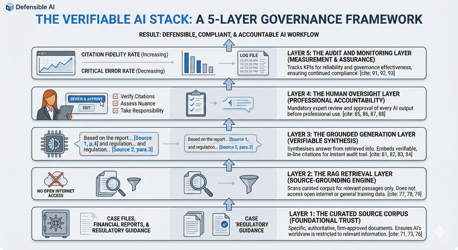 The verifiable AI stack as a five-layer governance framework, from curated source corpus up to audit and monitoring.